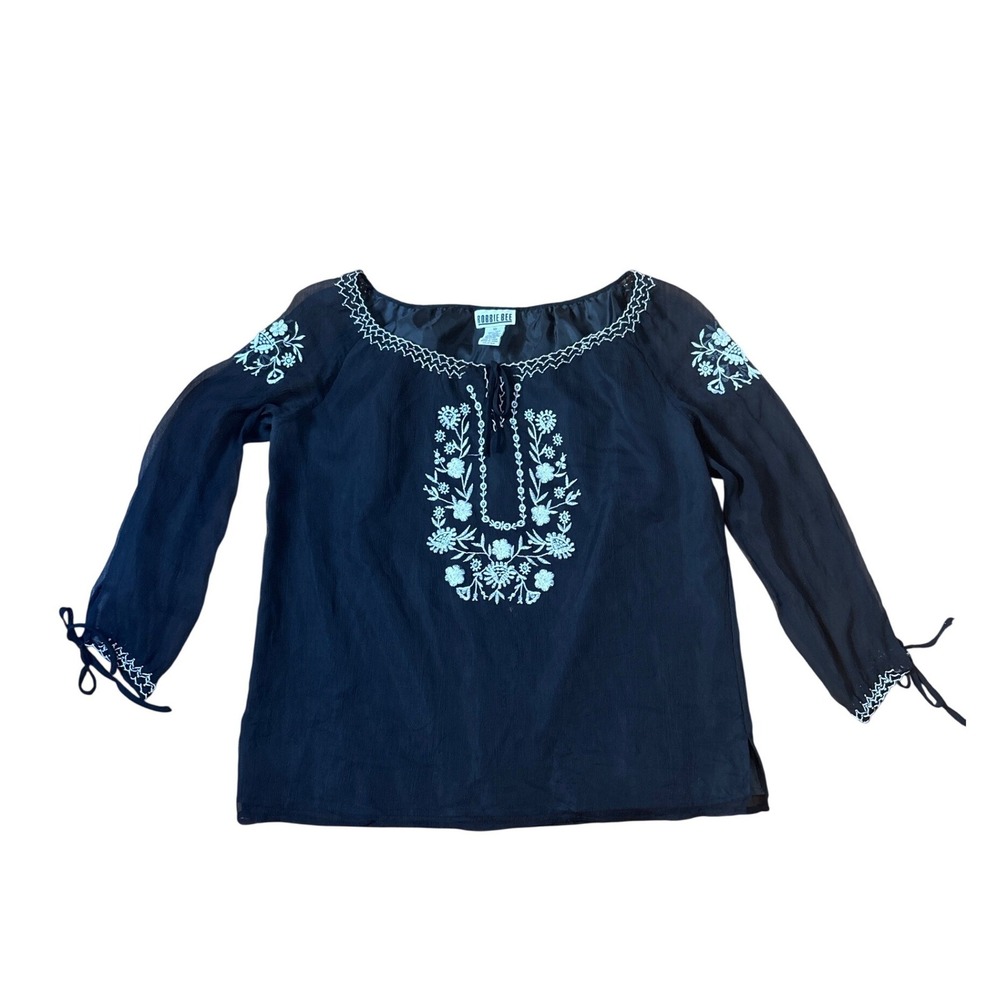 Robbie Bee Blouse Womens Black Silk White Embroidered Boho Peasant SIZE 10